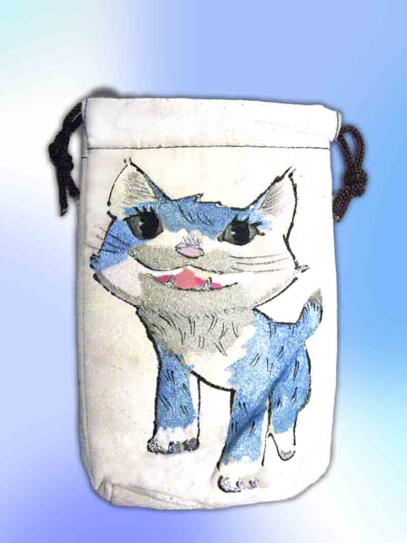 牙を見せた青い子猫の絵ペツトボトルケース 